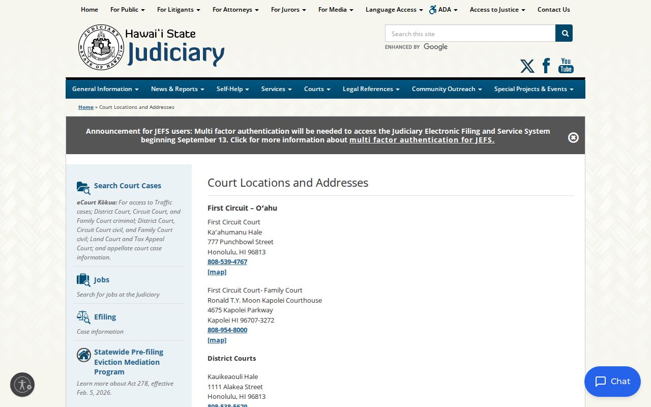 First Circuit courthouse locations serving Honolulu County dockets