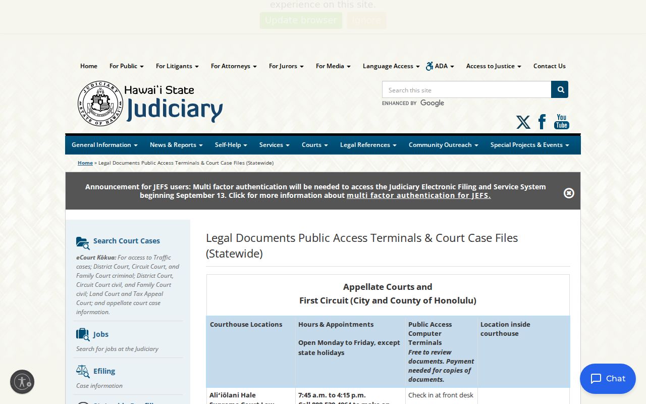 Public access terminal locations for Honolulu County court dockets