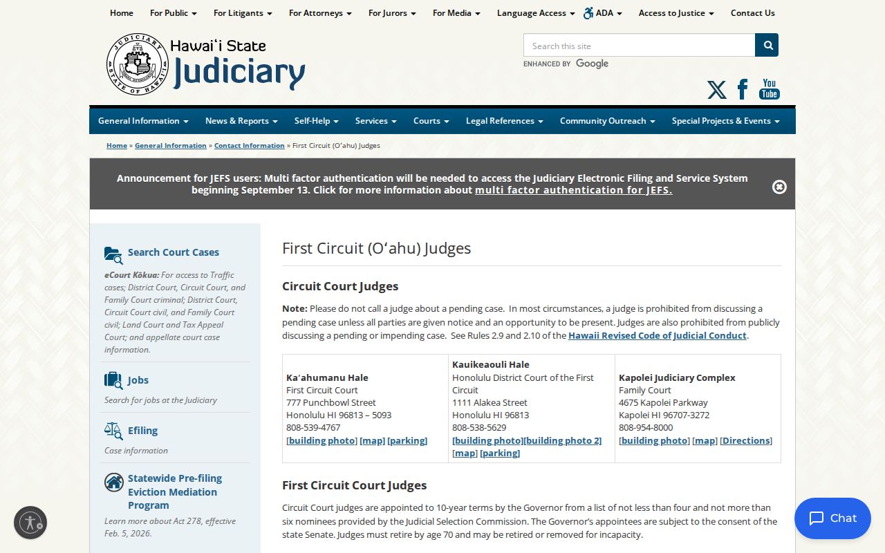 First Circuit courtroom directory for Honolulu County court schedules