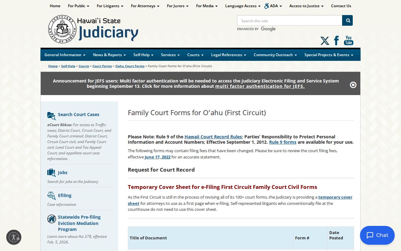 Oʻahu Family Court forms related to Honolulu County hearing settings