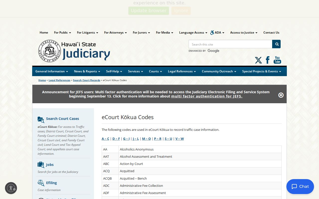 Honolulu County criminal court docket code reference