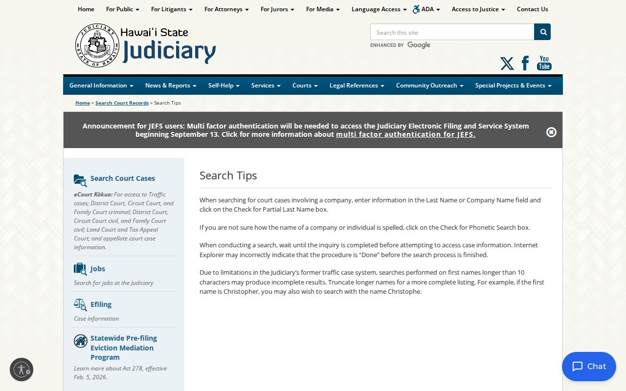 Judiciary search tips for Honolulu County court cases