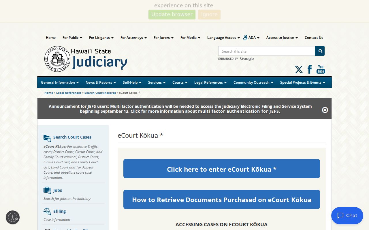 eCourt Kōkua entry page for Honolulu County docket searches