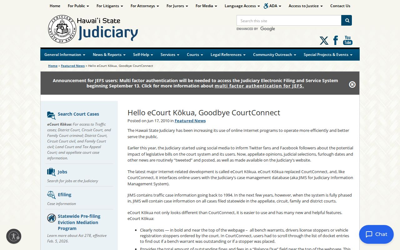2010 launch history of eCourt Kōkua for Honolulu County cases