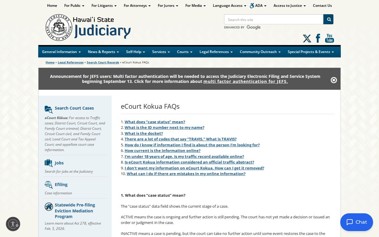 eCourt Kōkua frequently asked questions for Honolulu docket access