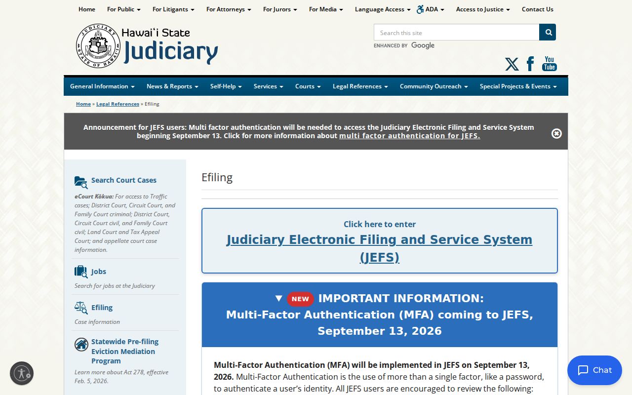 JEFS electronic filing information for Honolulu County court cases