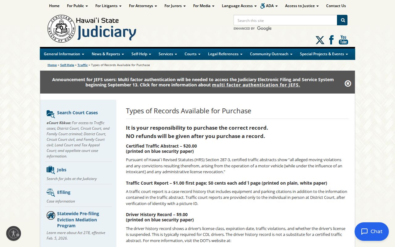 Honolulu County traffic court record types and fees